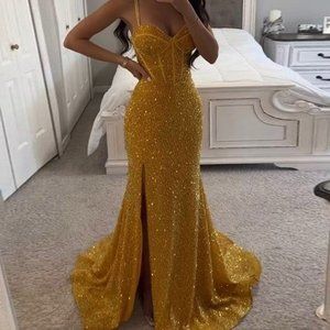 Never worn Beautiful Gold all Sequins Formal Prom Dress with Train